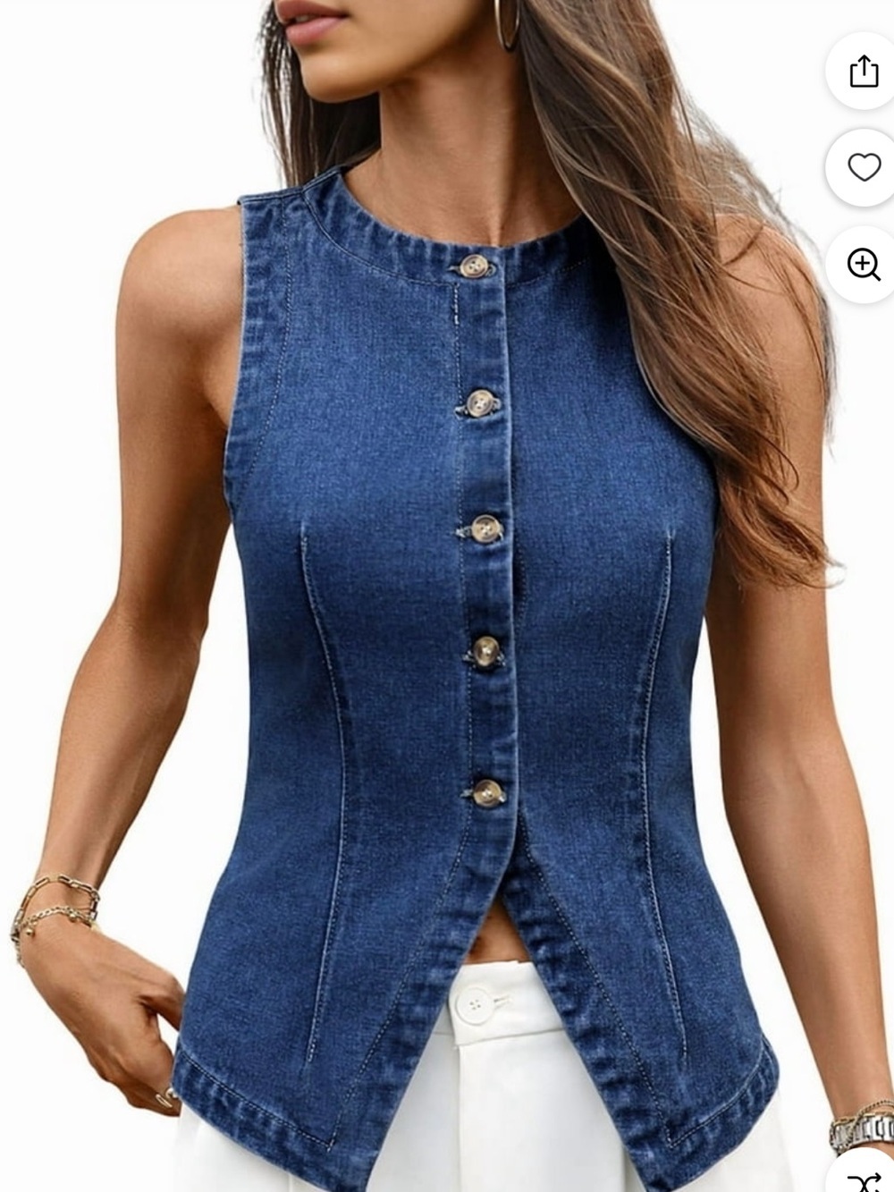 Denim Vest Women Sleeveless Strechy Jean Top Button Down
Crewneck Casual Summer - Picture 5 of 7